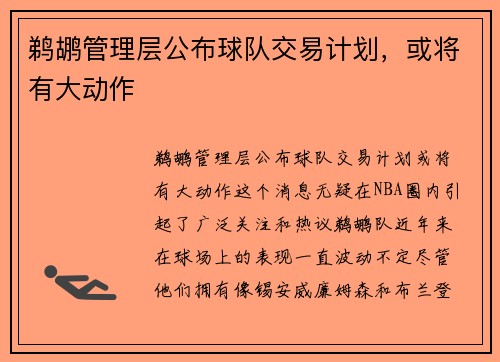 鹈鹕管理层公布球队交易计划，或将有大动作